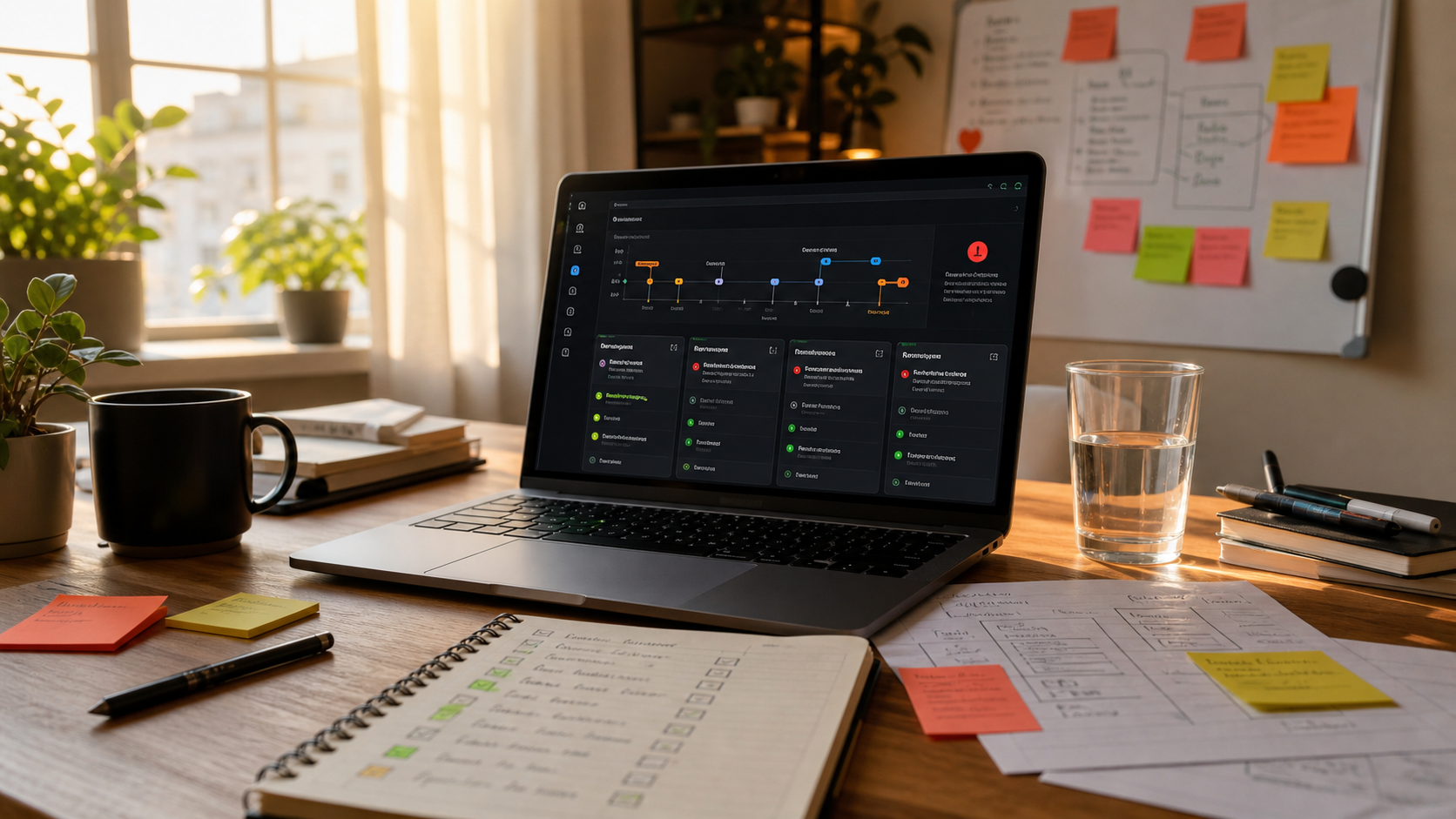 A solo founder launch audit workspace with a laptop dashboard, checklist notebook, sticky notes, and morning light.
