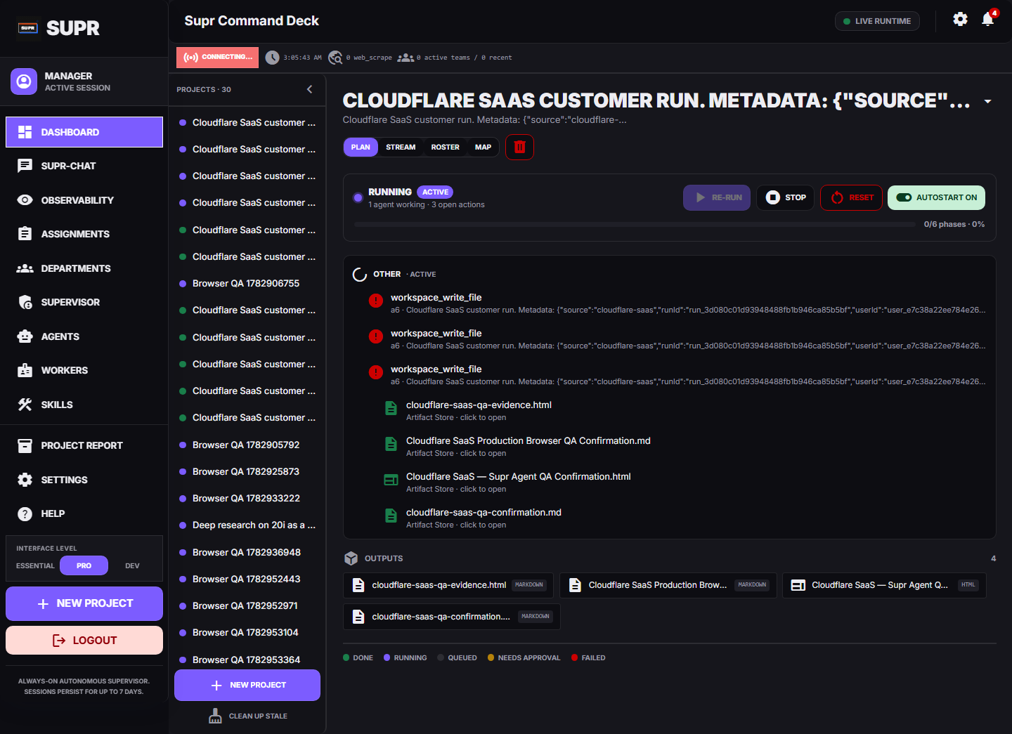 The Supr agent command deck running a customer project with outputs, active work, and project history visible.