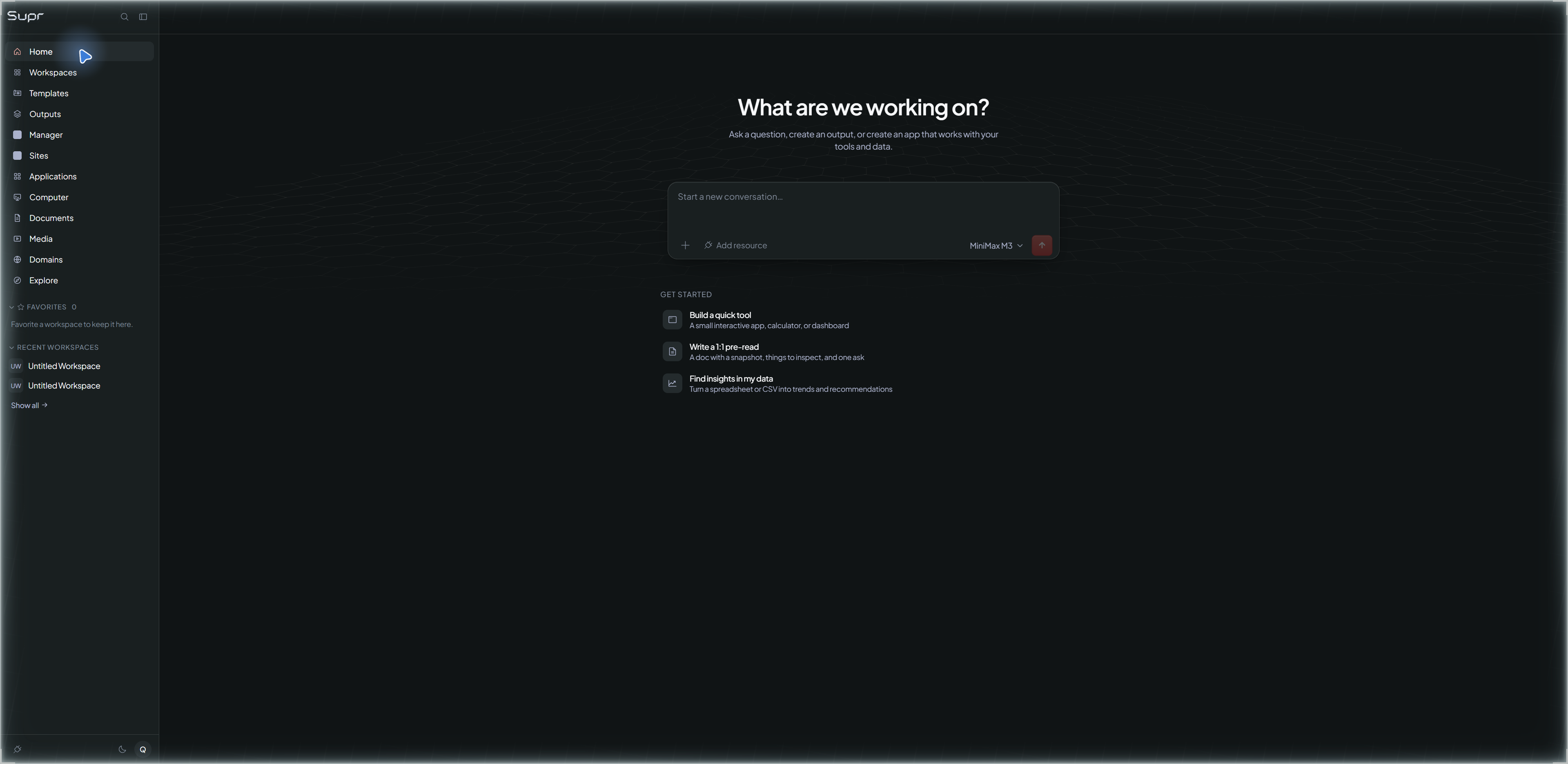 Actual SuprOS Home screen in private staging, with navigation and an idle composer.